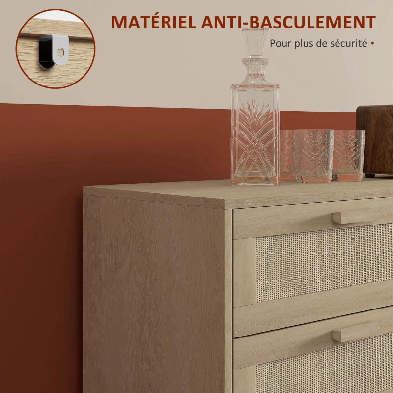 HOMCOM Commode 6 tiroirs meuble de rangement avec tissage en rotin dim. 110L x 40l x 75H cm Aspect Bois Clair