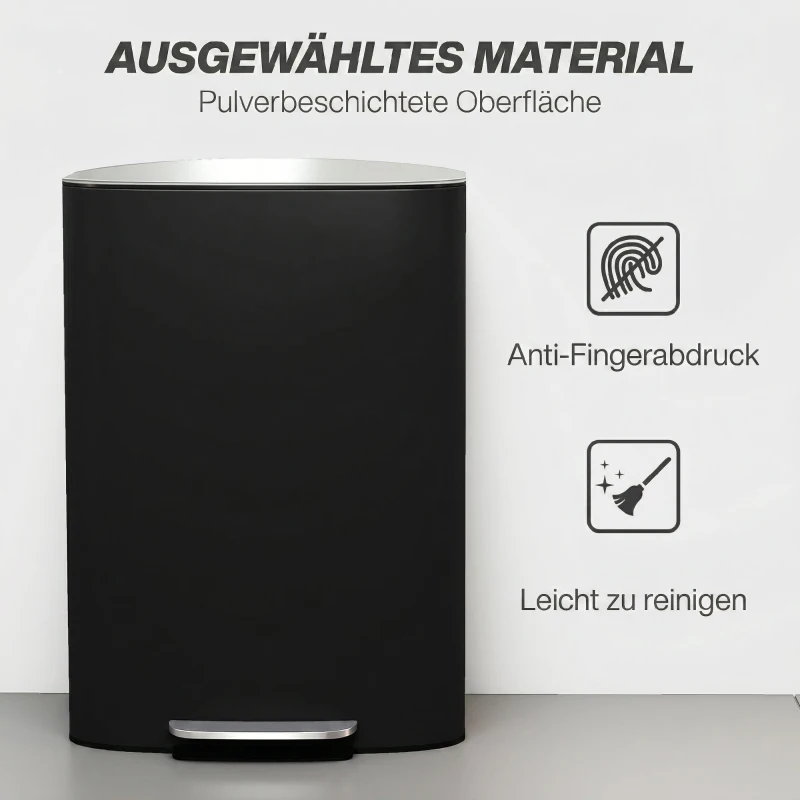 HOMCOM Mülleimer Küche 50 Liter Treteimer mit Bleib-Offen-Funktion, Soft-Close-Deckel, Pedal, Schwarz