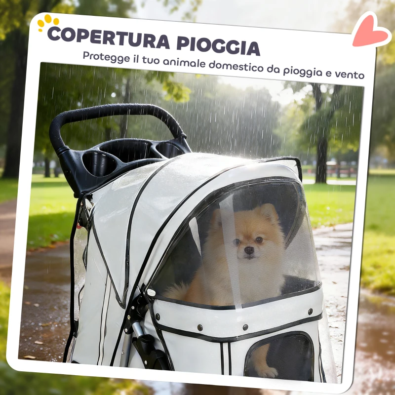 PawHut Passeggino per Cani Pieghevole con Copertura Antipioggia, Ruote Girevoli e Cuscino Lavabile, Grigio