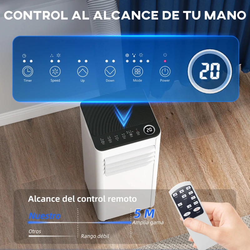 HOMCOM Aire Acondicionado Portátil 9000 BTU 4 en 1 Enfriamiento Deshumidificador Ventilador Temporizador para 28 m² Blanco