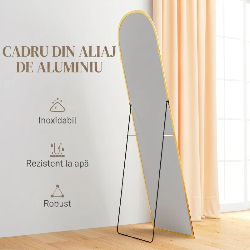 HOMCOM Oglindă de Podea și Perete Modernă din Aliaj de Aluminiu cu Suport Pliabil, 50x161.5 cm, Aur