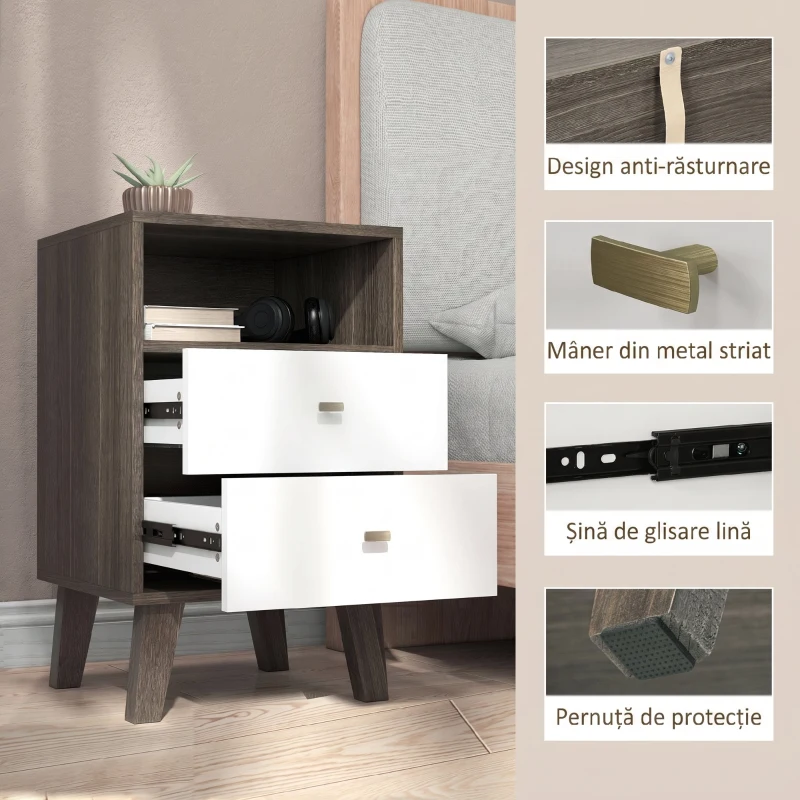 HOMCOM Set de 2 noptiere moderne pentru dormitor cu 2 sertare și spațiu deschis, 40x34x64cm, gri