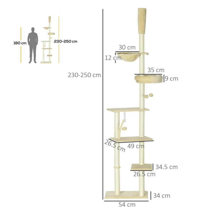 PawHut IE Located Floor to Ceiling Cat Tree, Adjustable Height, Cat Climbing Tower with Carpeted Platforms, Cozy Bed, Hammock, Scratching Posts, Toy Balls, Activity Center for Kittens, Beige
