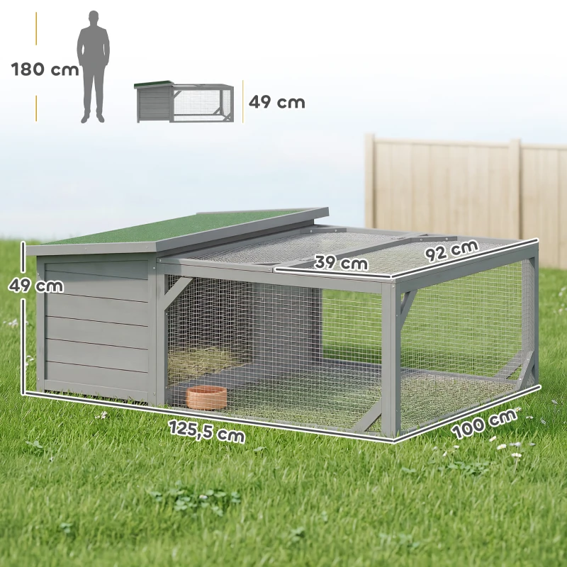 PawHut Konijnenhok Konijnenstal hout konijnenkooi met opklapbaar bitumendak, ren, deuren 125,5x100x49 cm Grijs
