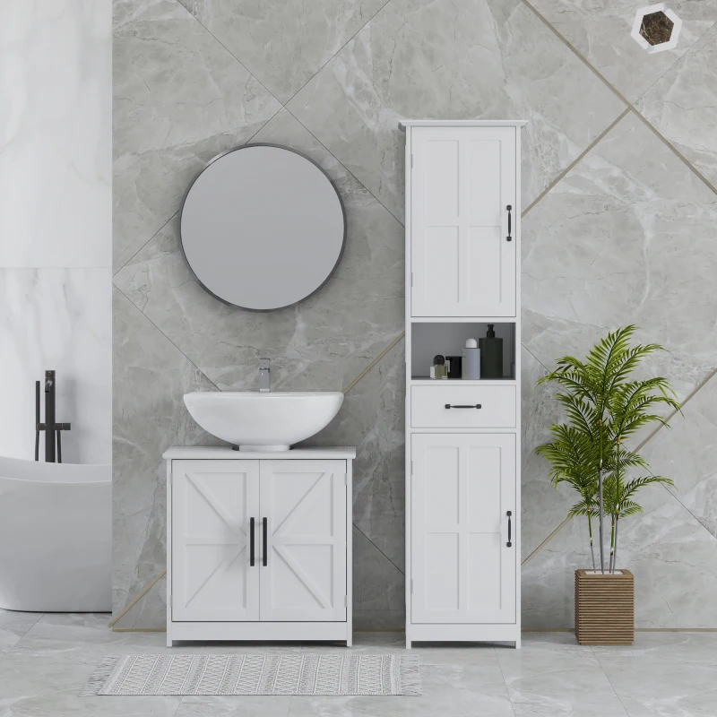 HOMCOM Meuble sous lavabo, meuble de salle de bain avec 2 portes magnétiques style grange et étagères, 60 x 30 x 60 cm, blanc