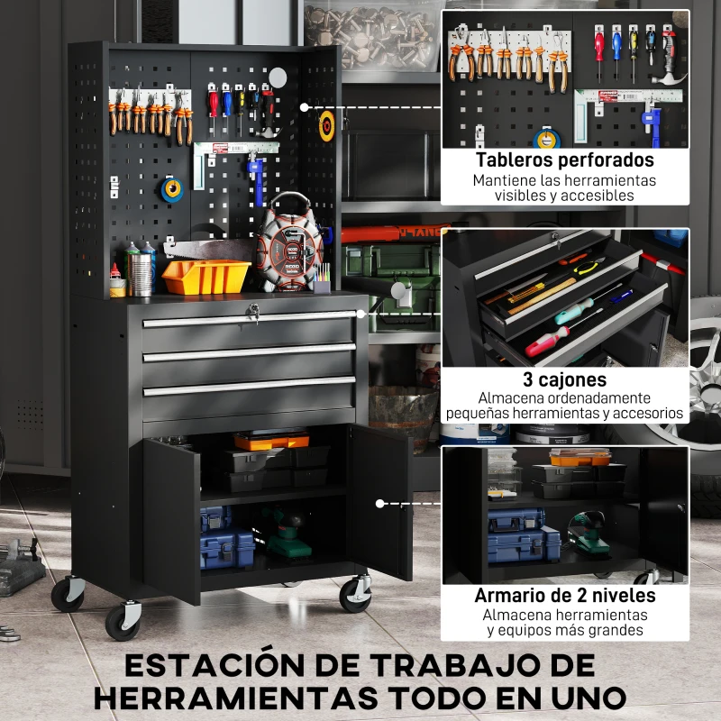 HOMCOM Carro de Herramientas con 3 Cajones Tabla de Pegboard Cerradura por Llave Estante Ajustable 2 Ruedas con Freno Negro