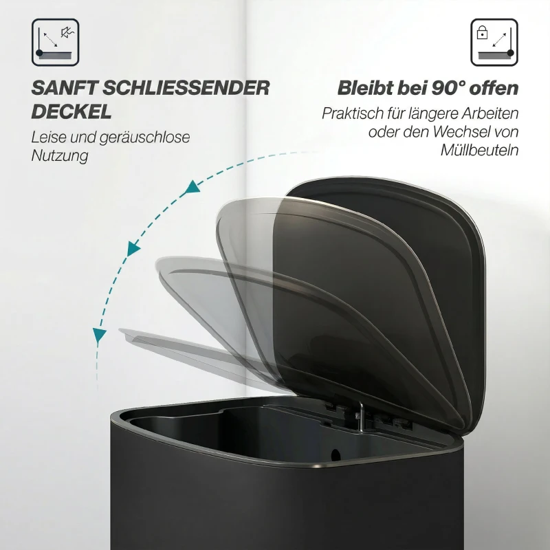HOMCOM Mülleimer Küche 50 Liter Treteimer mit Bleib-Offen-Funktion, Soft-Close-Deckel, Pedal, Schwarz