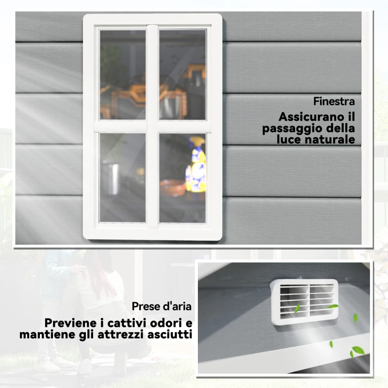 Outsunny Casetta da Giardino con Finestra e Doppia Porta PP e Alluminio, 183x134x210 cm, Grigio