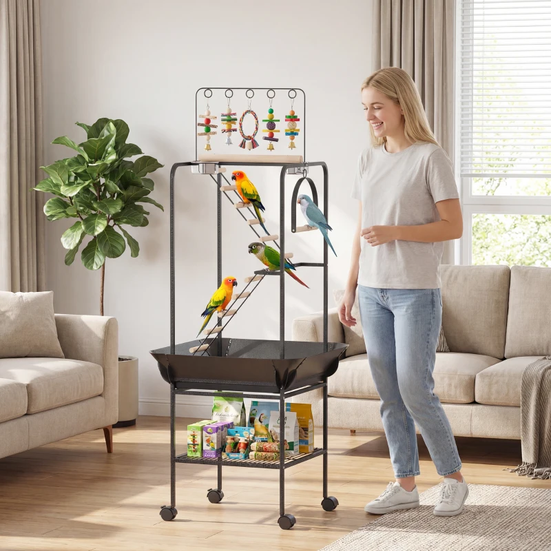 PawHut Parque de Juegos de Pájaros con Ruedas Escaleras Columpio Protector de Semillas Bandeja Comederos Perchas 63x63x163 cm