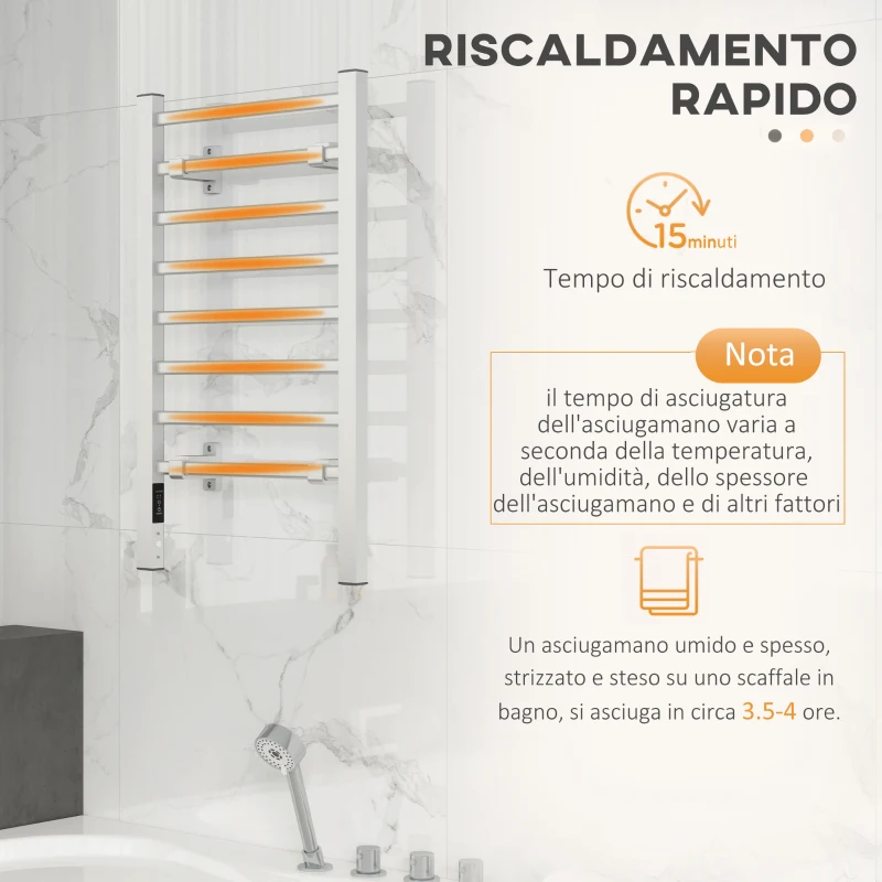 HOMCOM Scaldasalviette Elettrico da Terra o Parete 150W con 8 Barre e Timer 2-4 Ore, 53x35x90 cm, Argento