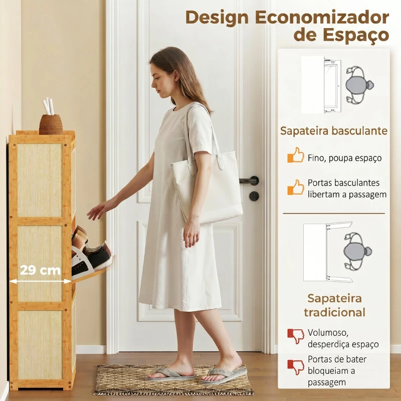 HOMCOM Sapateira com 2 Compartimentos Basculantes Sapateira Estilo Bohemio Estreita com Prateleiras Ajustáveis para 18-21 Pares de Sapatos 69x29x119,8 cm Madeira