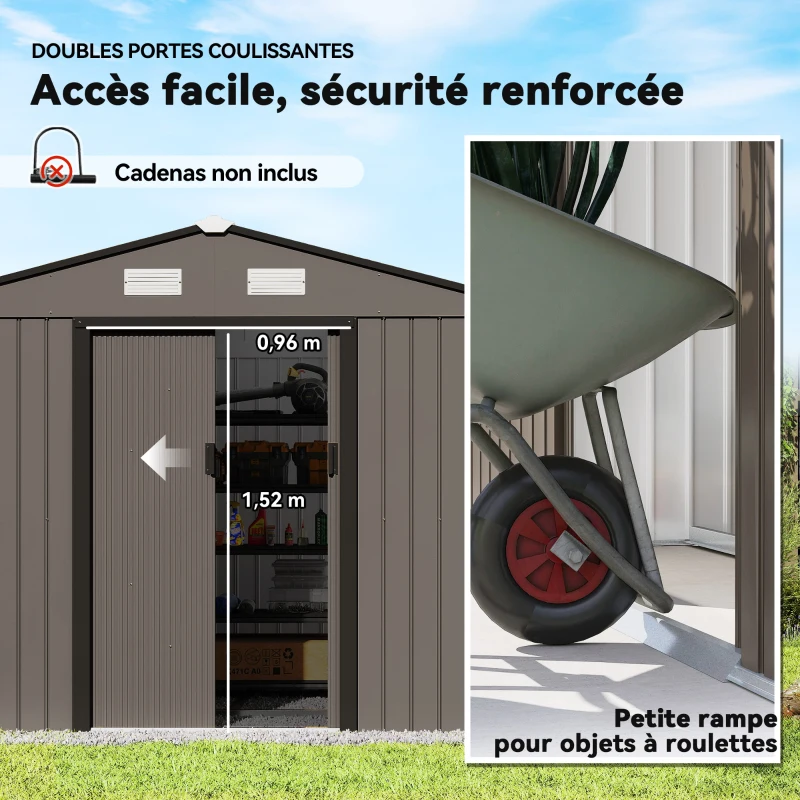 Outsunny Abri de jardin 5,4 m² 2,77 x 1,95 x 1,92 m kit de fondation porte coulissante ventilations acier galvanisé, marron