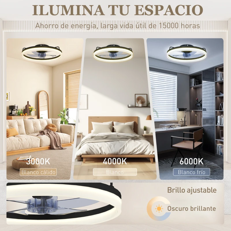 HOMCOM Ventilador de Techo con Luz LED 40 W Motor DC Reversible Mando a Distancia 6 Velocidades 3 Colores Temporizador Negro