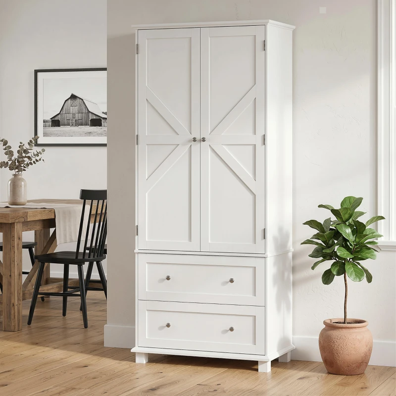 HOMCOM Armadio Alta da Cucina con 2 Porte, 2 Cassetti e Ripiani Regolabili, 80x39,5x184,5 cm, Bianco