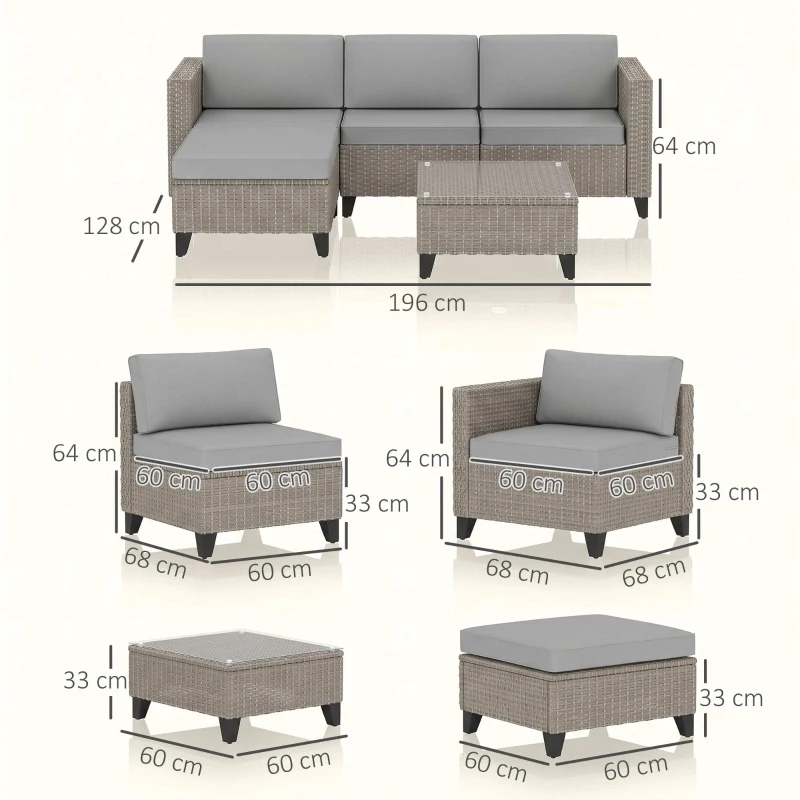 Outsunny 5-Piece Rattan Patio Furniture Set with Corner Sofa, Footstools, Coffee Table, for Poolside, Brown