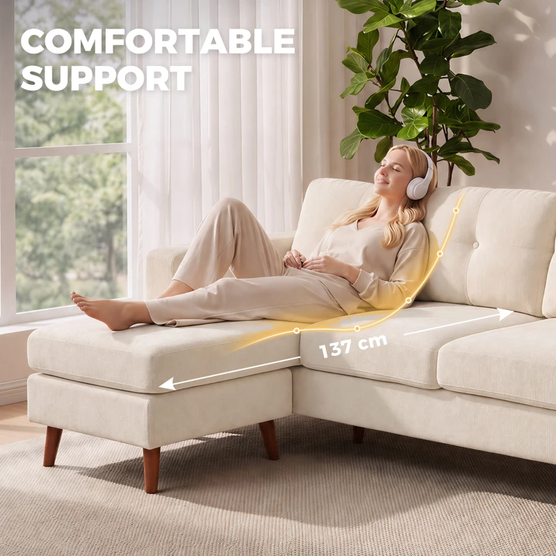 HOMCOM Hoekbank 192 cm L-vorm 3-zits met omkeerbare chaise longue, cord-look, voor kleine ruimtes, Cremewit