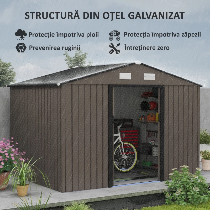 Outsunny Casetta da Giardino con 4 Prese d'Aria e 2 Porte Scorrevoli in Acciaio, 277x195x192 cm, Marrone