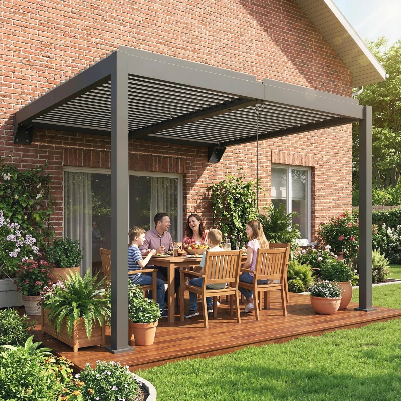Outsunny Pergola ca. 3x3 m Aluminium Terrassenüberdachung mit verstellbar Lamellendach Wandmontage Dunkelgrau