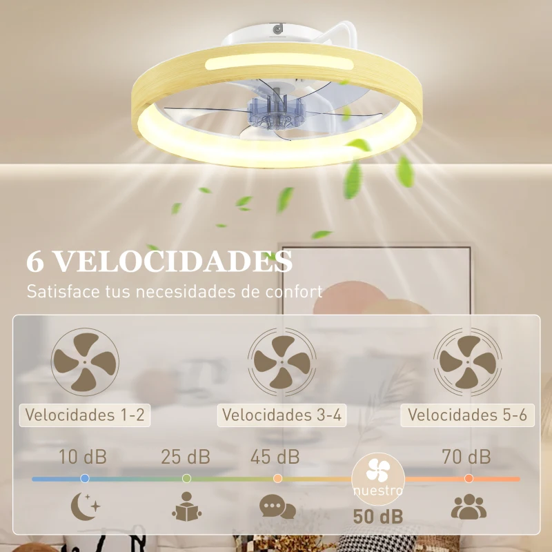 HOMCOM Ventilador de Techo con Luz LED 40 W Motor DC Reversible Mando a Distancia 6 Velocidades 3 Colores Temporizador Natural