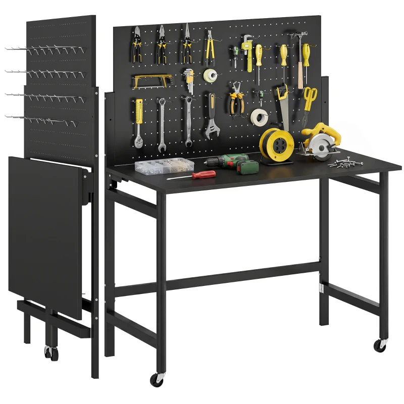 HOMCOM Banco de Trabalho com Painel Perfurado Mesa Dobrável com Rodas Estrutura de Aço Ganchos Preto
