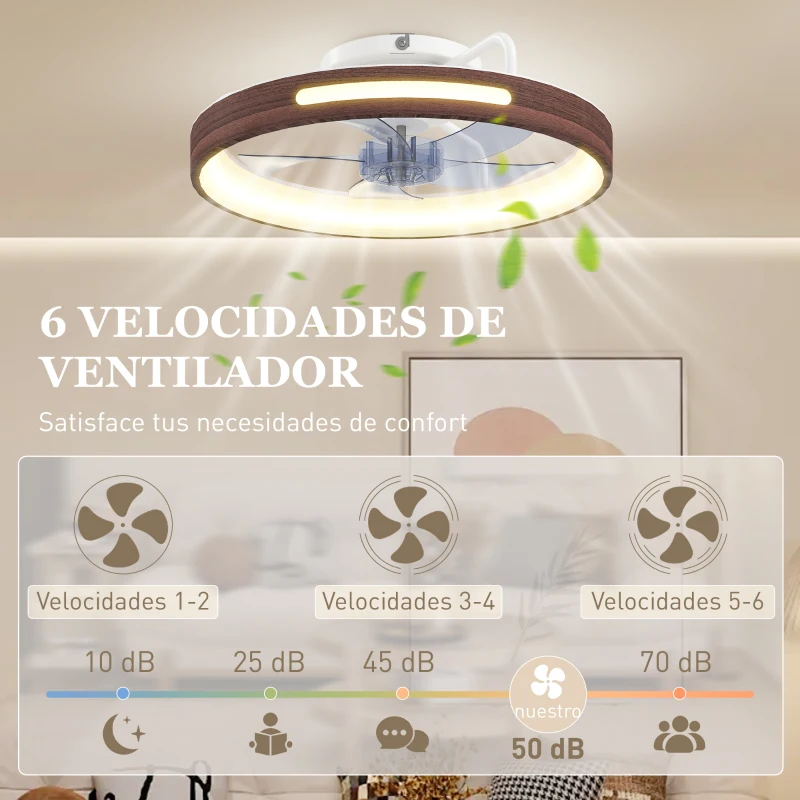 HOMCOM Ventilador de Techo con Luz LED 40 W Motor DC Reversible Mando a Distancia 6 Velocidades 3 Colores Temporizador Teca