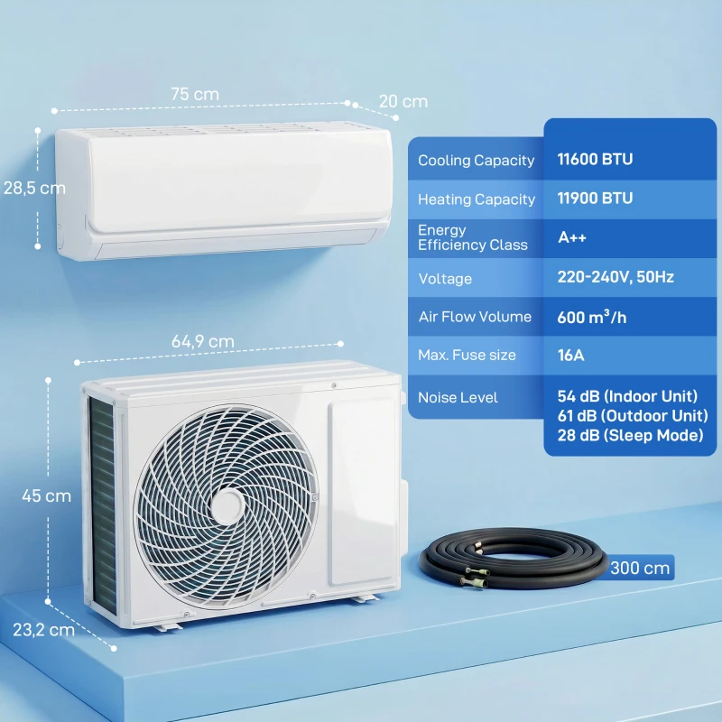 HOMCOM Ar Condicionado Split Inverter 12.000 BTU com Bomba de Calor Wi-Fi e Controlo por Voz para 18 m² com Kit de Instalação