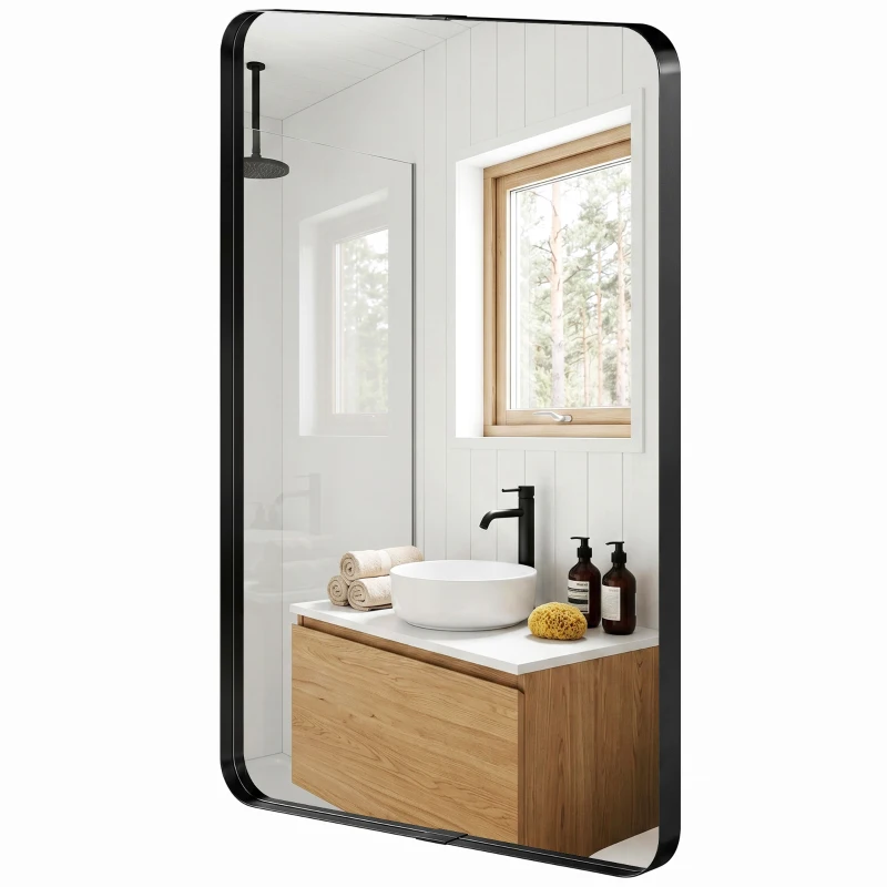 HOMCOM Rectangular Wall Mirror, 90 x 60 cm Wall Mounted Bathroom Mirror with Aluminium Alloy Frame and Tempered Glass, Black