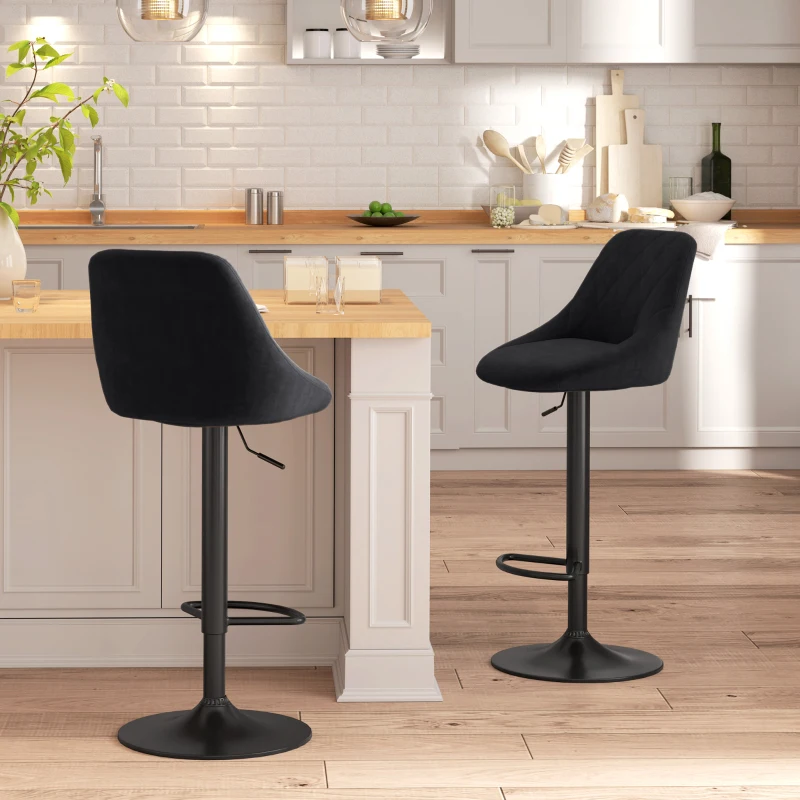 HOMCOM set van 2 barkrukken draaibare gestoffeerde hoge kruk in hoogte verstelbare barkruk zonder armleuningen getufte rugleuning poef zwart polyester metaal 51,5 x 48 x 83-104 cm