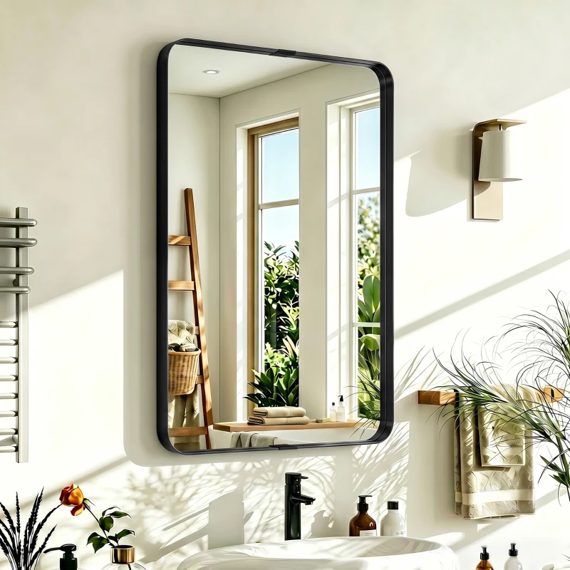 HOMCOM Rectangular Wall Mirror, 90 x 60 cm Wall Mounted Bathroom Mirror with Aluminium Alloy Frame and Tempered Glass, Black