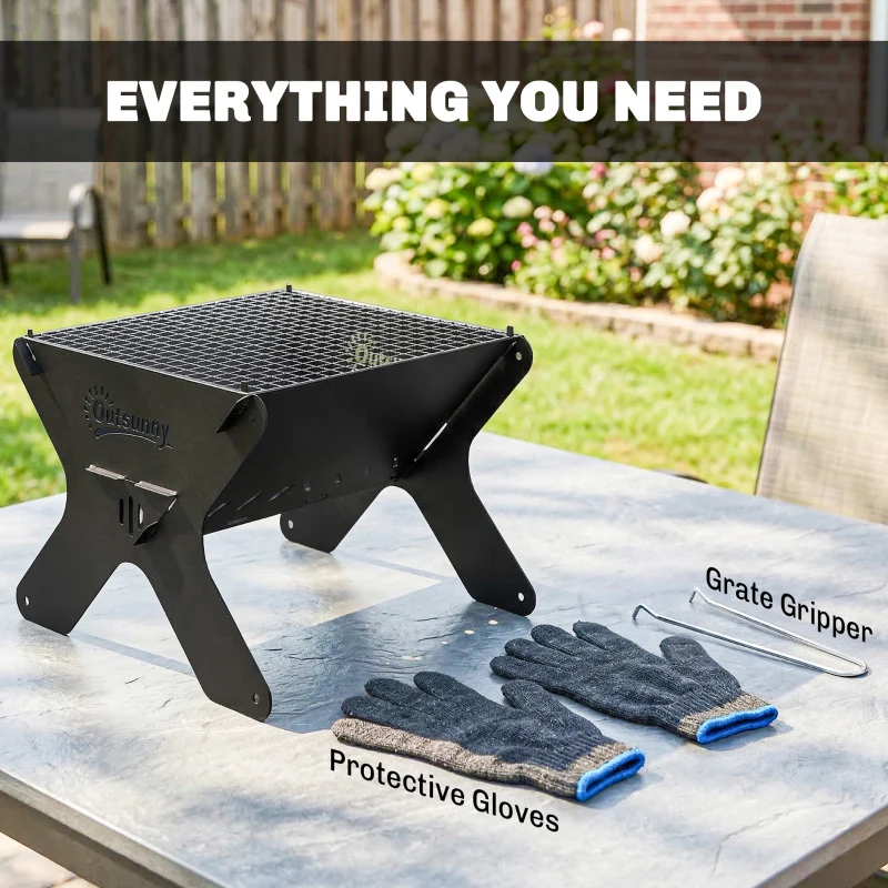 Outsunny 2-In-1 Portable BBQ Grill and Camping Fire Pit, Tabletop Charcoal Barbecue Grill with Gripper, Gloves and Carry Bag