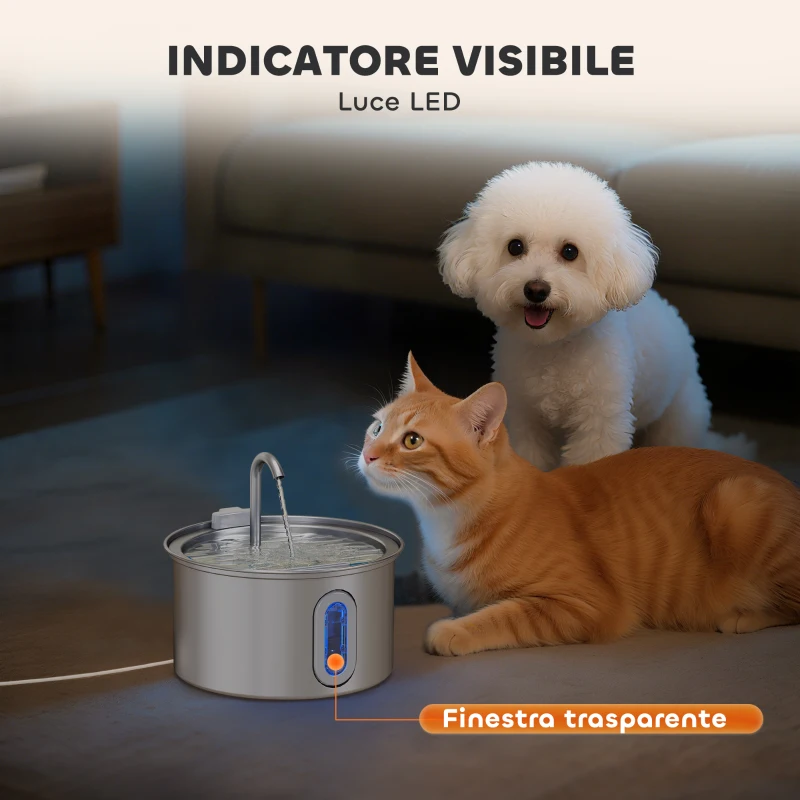 PawHut Fontanella per Gatto 2.5L con Luce LED e 2 Modalità di Flusso, in Acciaio Inox, 19.4x19.4x18.7 cm, Argento
