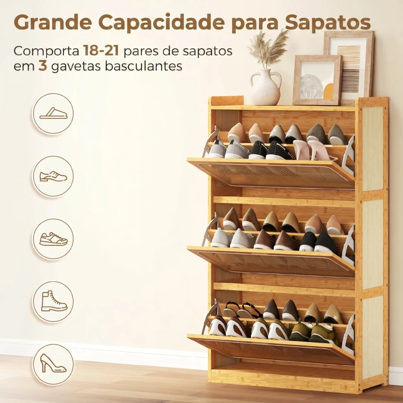 HOMCOM Sapateira com 2 Compartimentos Basculantes Sapateira Estilo Bohemio Estreita com Prateleiras Ajustáveis para 18-21 Pares de Sapatos 69x29x119,8 cm Madeira