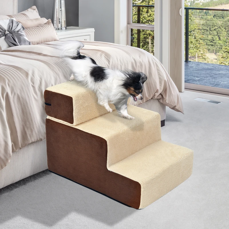 PawHut Hondentrap 3 treden kattentrap huisdierentrap huisdier pluche beige