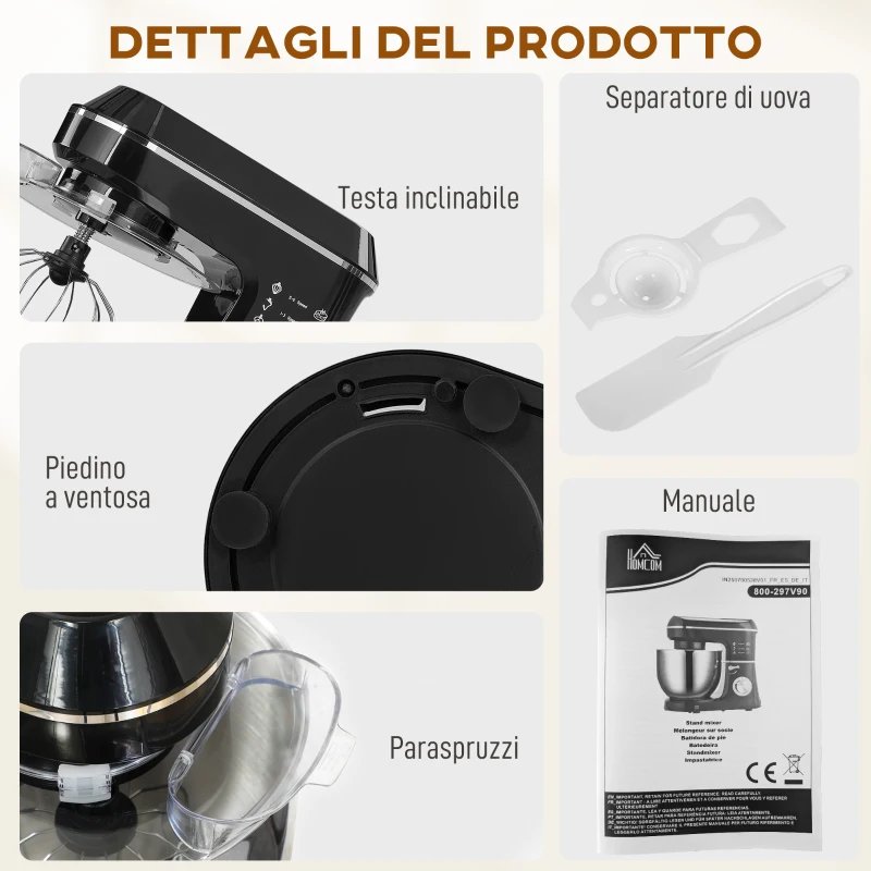 HOMCOM Impastatrice Planetaria 1400W con Ciotola 7L e 6 Velocità, Gancio Impastatore, Frusta e Sbattitore, Nero