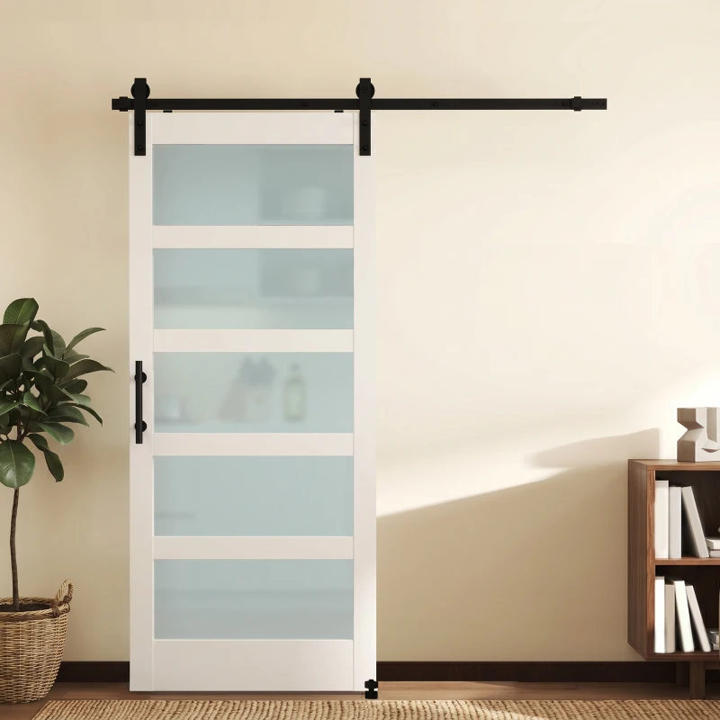 HOMCOM Porta de Correr com Ferragens 91x213 cm Porta de Correr Interior de MDF e Vidro Fosco com Rolo Trilho Guia de Chão Branco