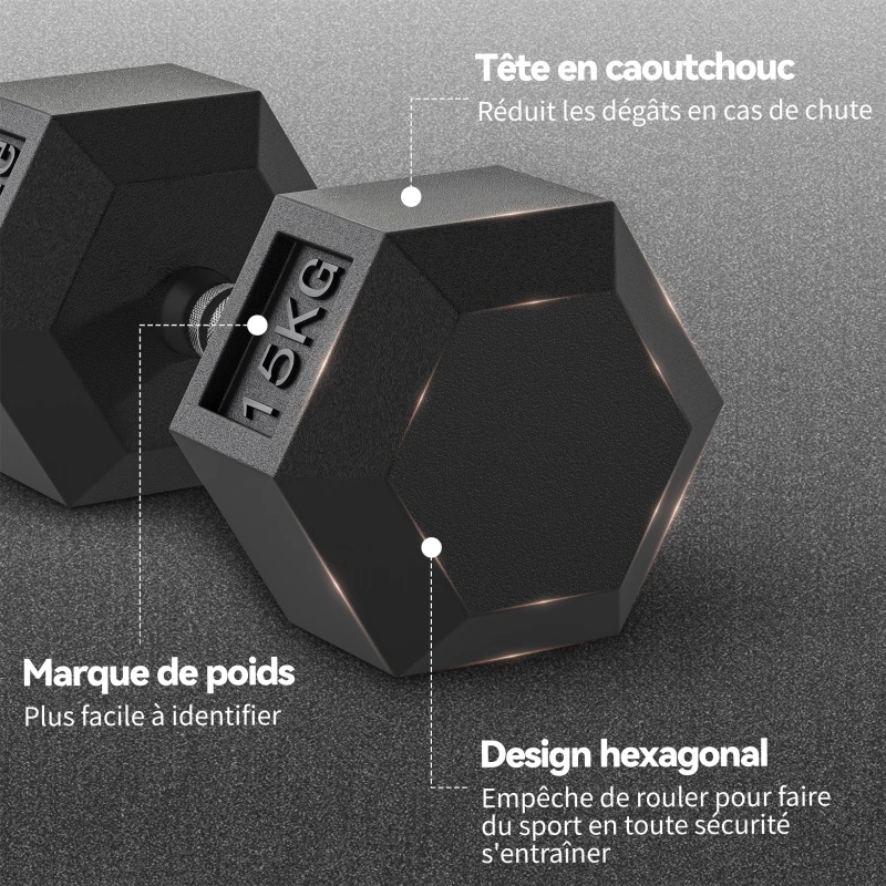 HOMCOM Lot de 2 Haltères Courtes Poids 30 kg, Haltère Hexagonale Entraînement Musculaire & Haltérophilie, Noir