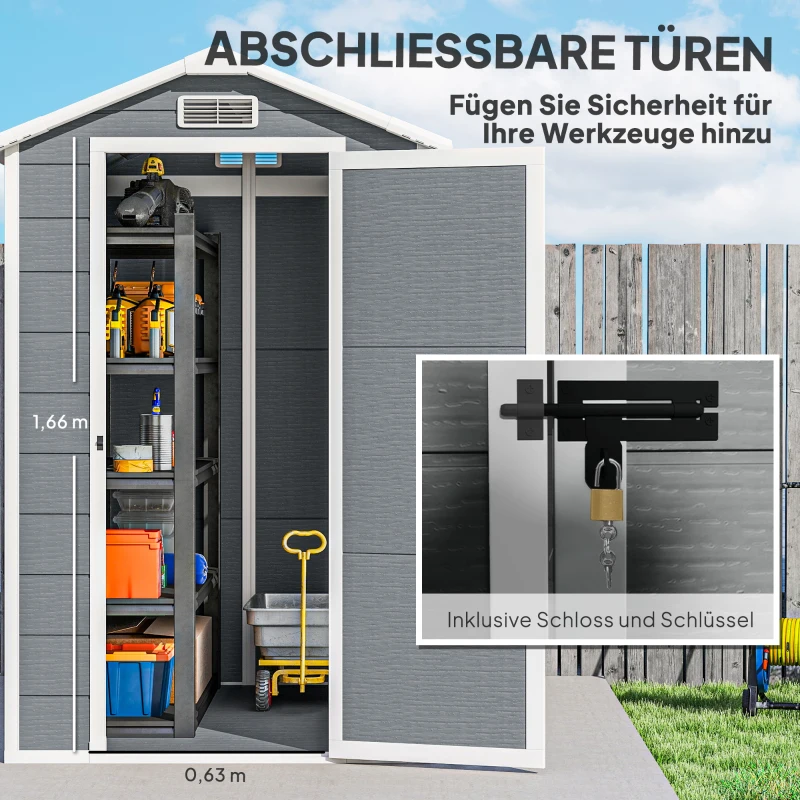 Outsunny Gartenschuppen, Kunststoff-Gartenhaus mit Boden, Fenster, verschließbare Türen, für Garten, 131B x 186T x 198H cm, Grau(m-6)