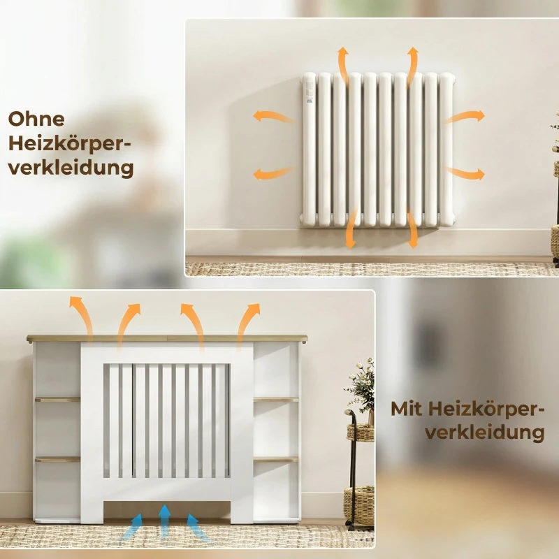 HOMCOM Cache-radiateur avec étagères de rangement ouvertes, couvercle de radiateur en bois à lattes, 124x19x83cm, blanc