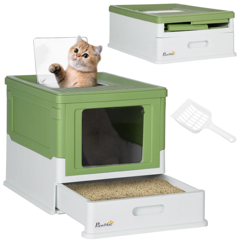 PawHut Lettiera per Gatti Chiusa con Paletta, Vassoio Estraibile e 2 Porte, 47.5x35.5x36.7cm, Verde Chiaro