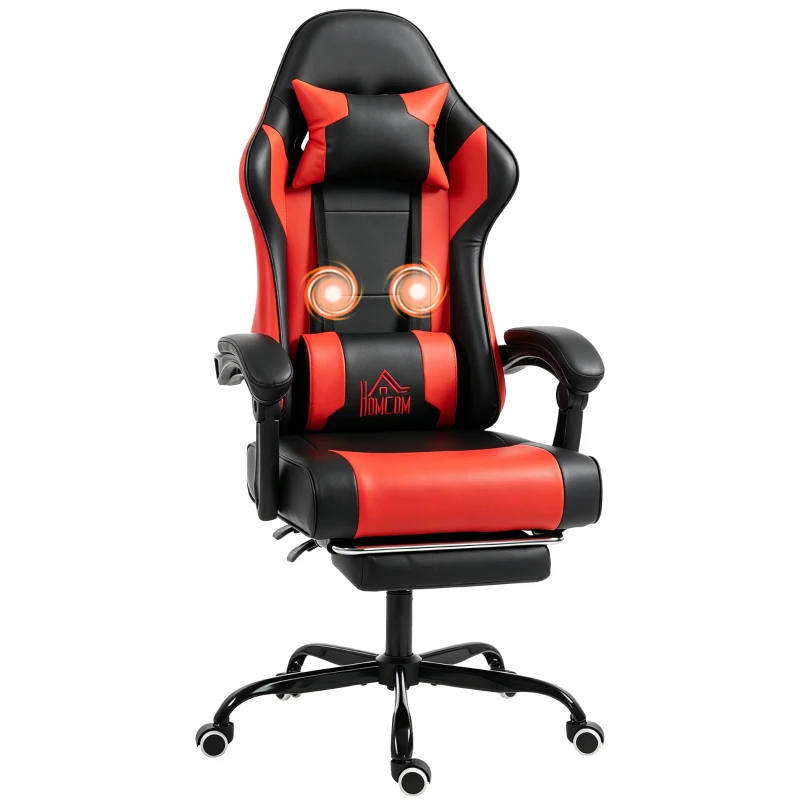 HOMCOM Sedia Gaming con Massaggio Lombare a Vibrazione, Reclinabile 155°, Altezza Regolabile, Poggiatesta e Poggiapiedi Retrattile, Rosso