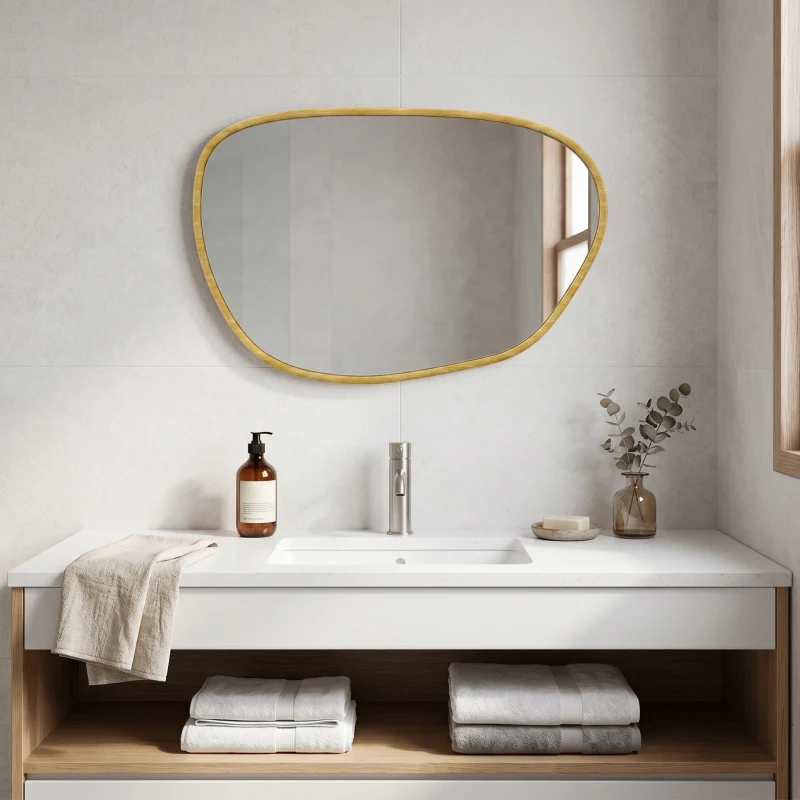 HOMCOM Miroir mural, miroir décoratif asymétrique 90x60cm en verre trempé pour salle de bain, chambre, salon, couloir, naturel