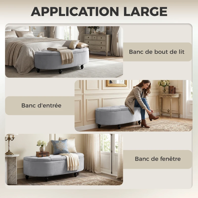 HOMCOM Banc de rangement, coffre de rangement design capitonné demi-cercle bout de lit avec revêtement velours, pieds en bois d'hévéa, pour salon, chambre, entrée, 120 x 46 x 42 cm, gris