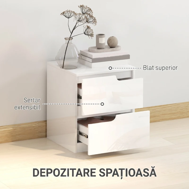 HOMCOM Noptieră modernă din lemn cu 2 sertare și design lucios, 40x40x48 cm, alb