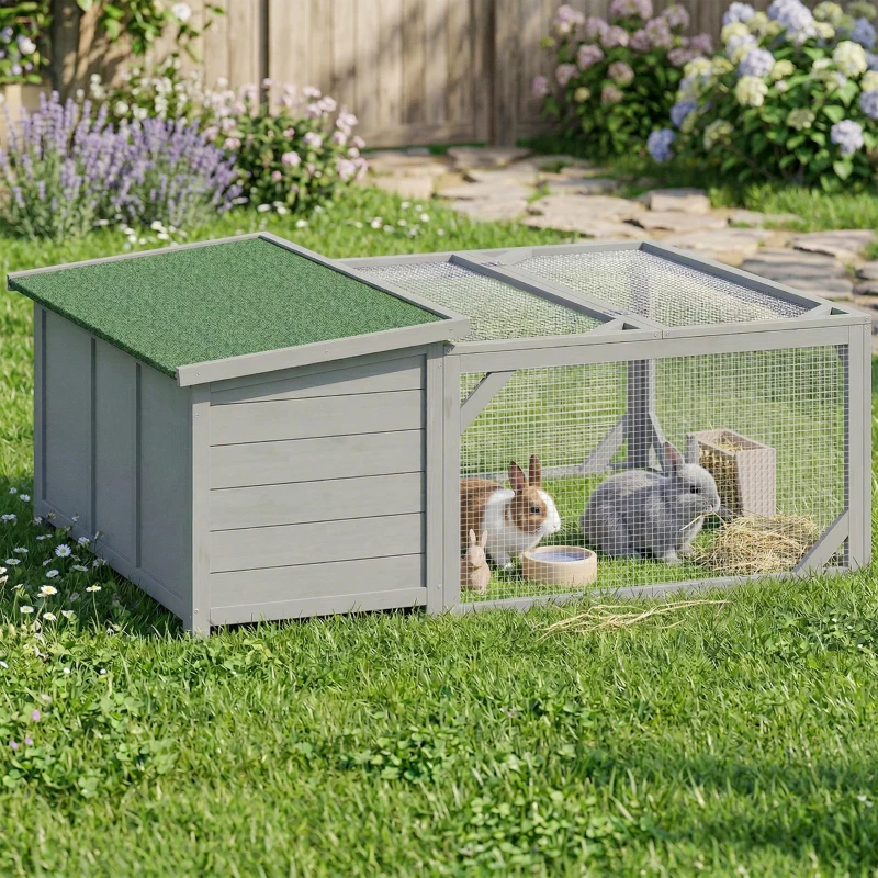 PawHut Konijnenhok Konijnenstal hout konijnenkooi met opklapbaar bitumendak, ren, deuren 125,5x100x49 cm Grijs