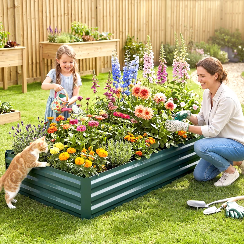 Outsunny Carré Potager en Métal Modulable - Potager Surélevé 241x90,5x30cm en Acier Galvanisé - Jardinière Extérieur Anti-Rouille pour Légumes et Fleurs, Vert Foncé