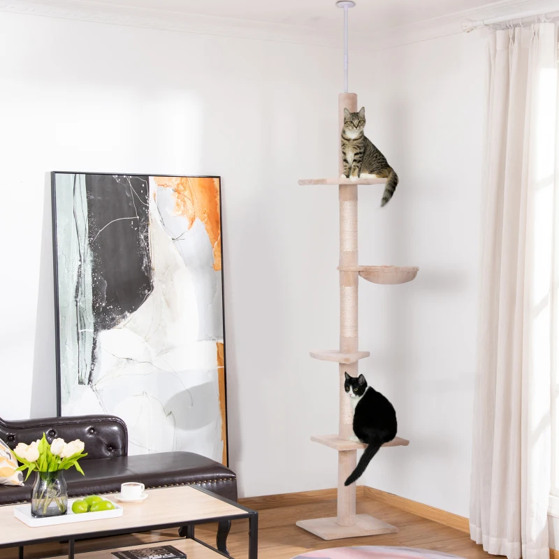 PawHut Árbol para Gatos de Suelo a Techo de 230-260 cm con Altura Ajustable Plataformas Hamaca y Postes de Sisal Beige