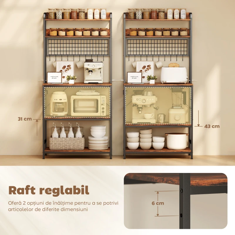 HOMCOM Raft de Bucătărie cu Stație de Alimentare și Rafturi Reglabile, Raft pentru Cuptor cu Microunde 5 Nivele cu Panou de Grilaj și 10 Cârlige, Dulap Vintage Structură din Oțel, 80x40x170 cm, Maro Rustic