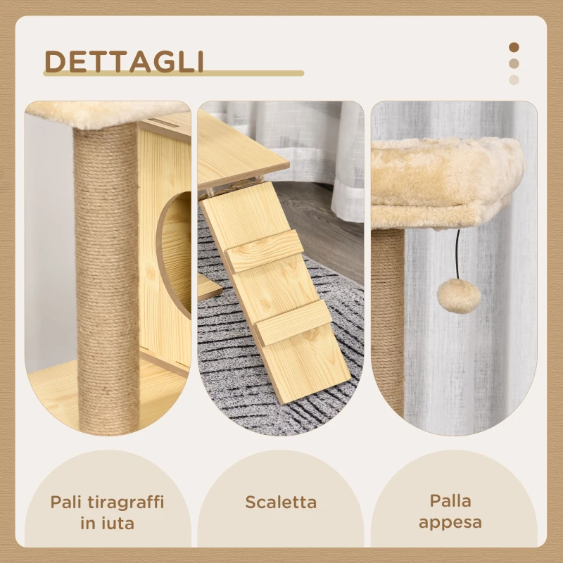 PawHut Albero Tiragraffi per Gatti con Casetta, 2 Lettini, Amaca e Pallina, in Legno, Poliestere e Sisal, 60x40x130 cm