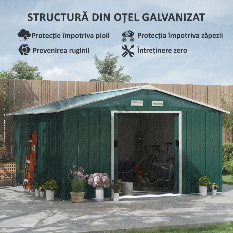 Outsunny Magazie Unelte din Otel Galvanizat, Anti Rugina 3.4 x 3.86 x 2 m,  Verde(m-18)