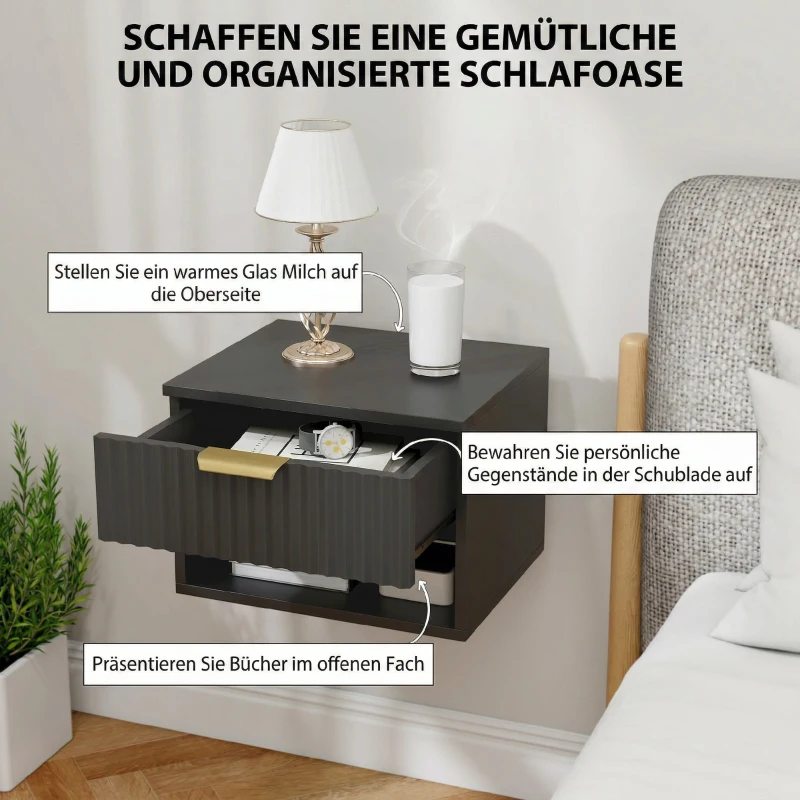 HOMCOM Lot de 2 tables de chevet suspendues, tables de nuit murales avec tiroir et niche, moderne, 40x34x29cm, noir